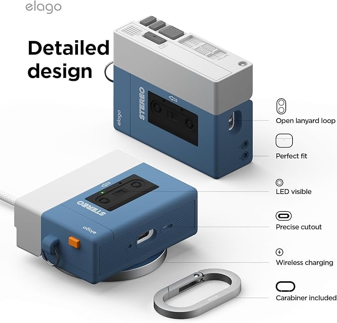 elago Cassette Tape Player Case Compatible with AirPods Pro 3 Case Cover, Carabiner Included, Wireless Charging, Shock Resistant, Full Protection, for Men, for Women (Blue)
