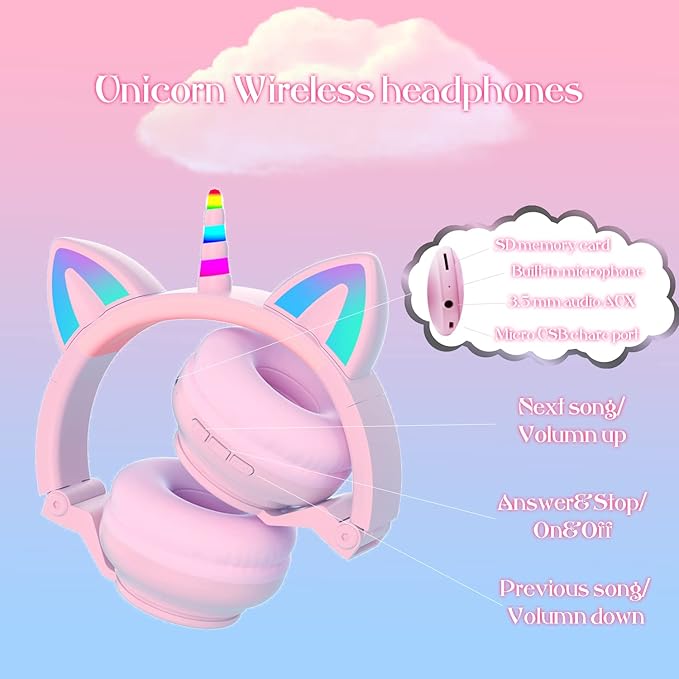 Unicorn Kids Headphones for Girls, Unicorn Bluetooth Headphones Foldable for Girls Toddlers Tablet/pad/Amazon fire,Light Up Kids Wireless Headphone Birthday Gifts (Purple Pink)