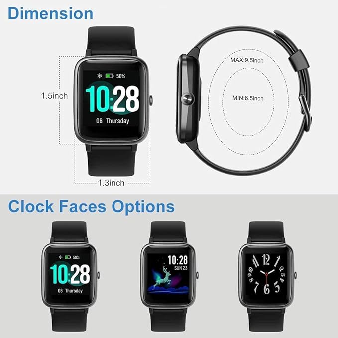 Smart Watch for iPhone/Android, Activity Fitness Tracker with IP68 Waterproof for Men Women, Smartwatch with 1.3" Full-Touch Color Screen, Step, Pedometer, Heart Rate Monitoring & Sleep Monitor, Black