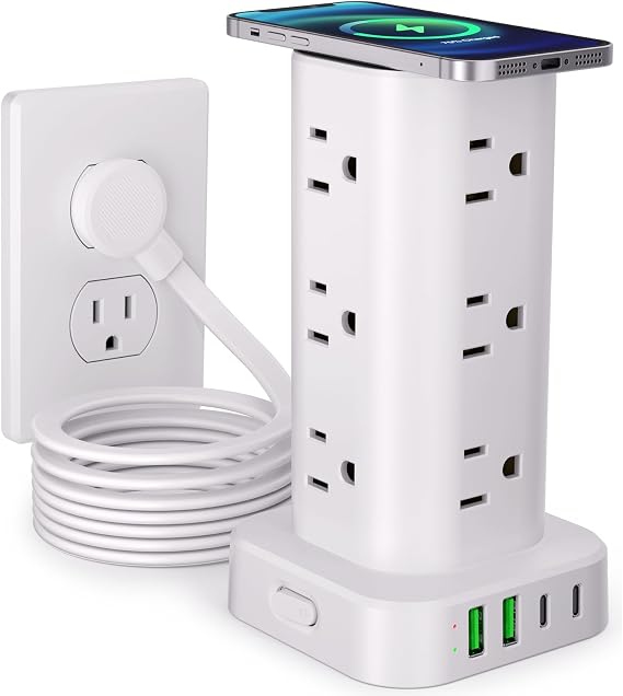 Power Strip Tower with Wireless Charger, Surge Protector with 12 Outlets
