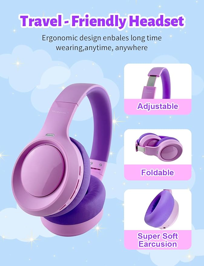 Active Noise Cancelling Headphones for Girls, 70H Play Time, Safe Volume 94dB, Bluetooth 6.0, Hybird ANC Kids Headphones Wireless for School/Travel/Airplane(Purple Pink)