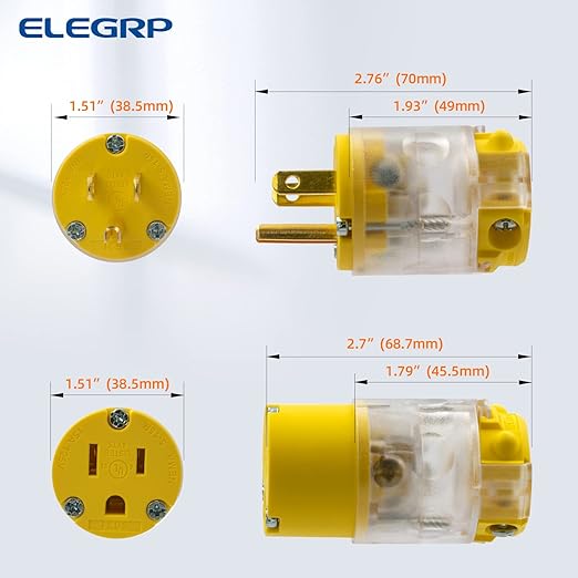 ELEGRP Lighted Straight Blade Electrical Plug and Connector Set 15 Amp 125 Volt NEMA 5-15P NEMA 5-15R 2 Pole 3 Wire Grounding, Commercial Grade, Yellow, 1 Set