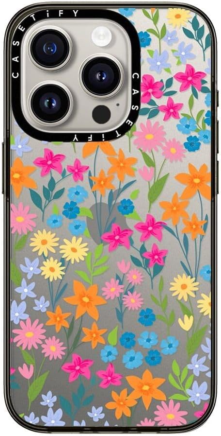 CASETiFY Compact iPhone 15 Pro Case [4 ft. 2X Military Grade Drop Protection/Slim/Lightweight] - Bright Spring Flowers - Clear Black