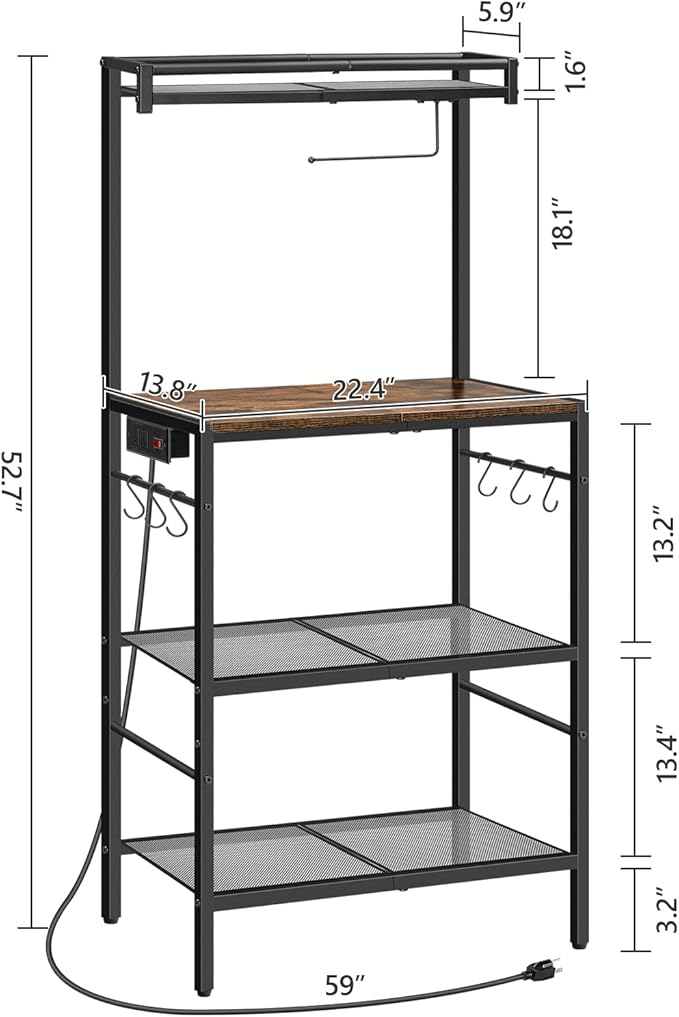 Bakers Rack with Storage, Microwave Stand with Paper Holder, Bakers Rack with Power Outlet, Coffee Bar Station with 6 Hooks, for Kitchen, Dining Room, Rustic Brown and Black BRHR36E01