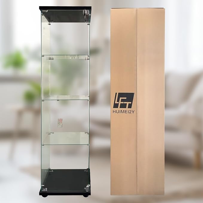 LFT HUIMEI2Y Glass Display Cabinet 4-Shelf with Door and Lock, Curio Cabinets Upgraded Quick-Install Style Tempered Glass Floor Standing Bookshelf for Bedroom, Living Room 65”x 17”x 14” Black