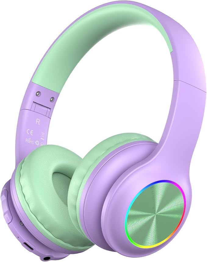 Kids Bluetooth Headphones with LED Light, 45Hours Playtimes, 85/94dB Volume Limited, Bluetooth 5.4, Wireless Headphones for Kids with Built-in Mic, Wired & TF Card Mode,Green and Purple