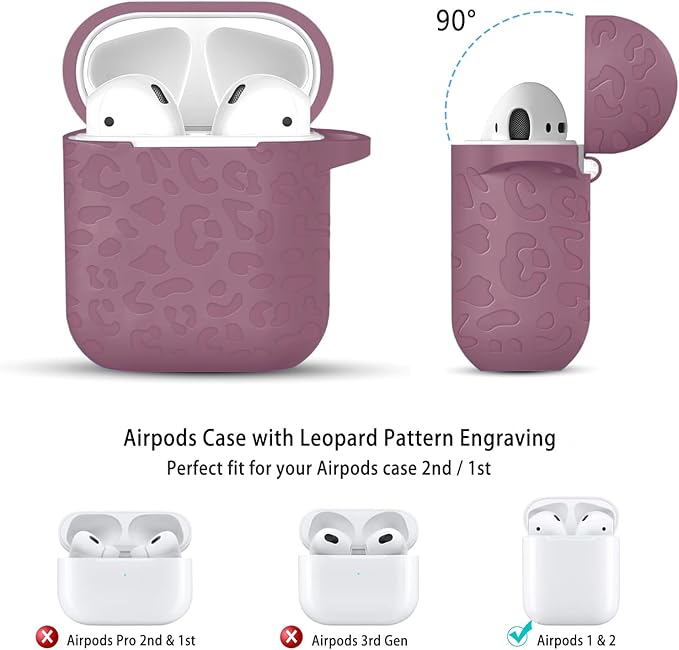 Compatible with Airpods Case Leopard Engraved Skin Cover Compatible with Airpods 2nd/1st Charging Case,Cute Soft Silicone Full Protective, Front LED Visible, Smoke Violet