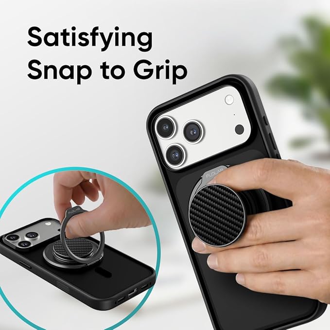FLOLAB ForgeGrip Strong Magnetic Phone Holder & Phone Grip for MagSafe Grip iPhone Accessories Magnetic Phone Grip, Ring Holder & Stand, Satisfying Snap Grip - Carbon Fiber
