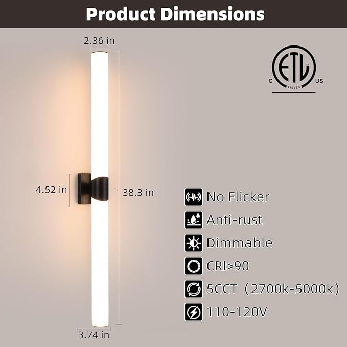Modern Wall Sconce 39 Ihch Black Bathroom Sconces LED Wall Lighting Fixtures with Acrylic Shade Hardwired Long Vanity Lights Over Mirror for Bedroom Living Room Hallway