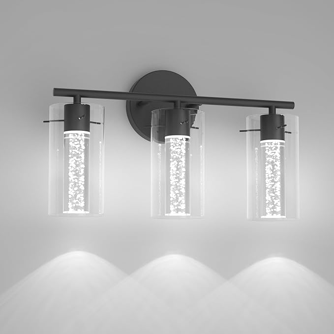 Tipace Modern Vanity Light,3-Light Black LED Vanity Light Fixture,Crystal Bathroom Lighting Fixtures Over Mirror,Wall Lighting Fixtures for Bath,Wall Sconce for Bedroom Living Room,6000K White Light