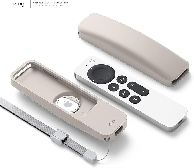 elago R5 Locator Case Compatible with 2021 Apple TV Siri Remote and AirTag - Lanyard Included, Shock Absorption, Drop Protection, Full Access to All Functions [Stone]
