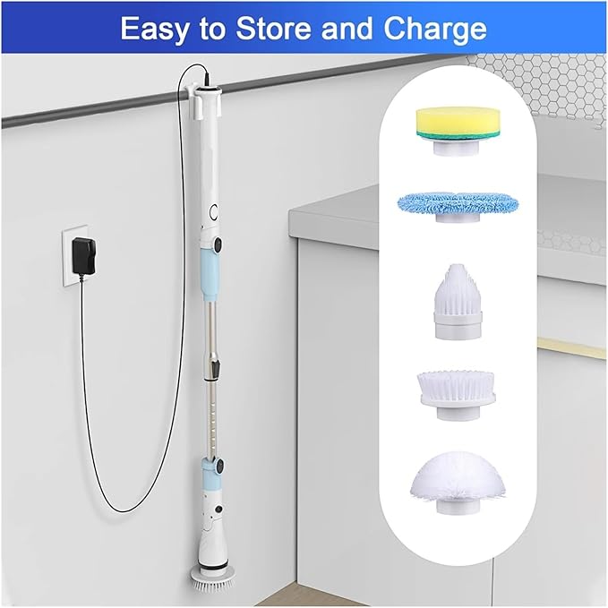 Compatible with TASVAC Electric Spin Scrubber,Cordless Cleaning Brush with 5 Replaceable Heads, Powerful Scrubbing for Bathroom, Tub, Tile, Floor, Kitchen(Blue,EU)