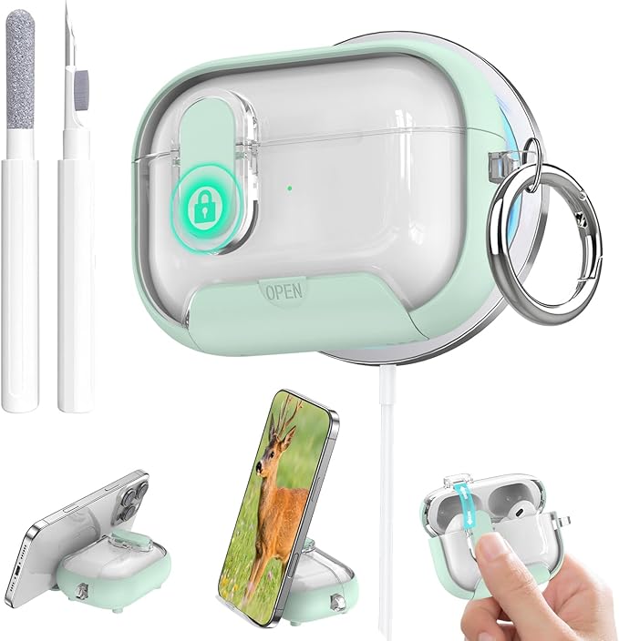 for Airpods Pro 3 Case Clear,Secure Lock for Airpods pro 3rd Generation Case Cover with Phone Stand and Magsafe Function,Auto Pop-up,Hybrid Protection Design with Carabiner&Cleaning Pen-Green