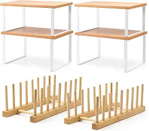 4 Pcs Kitchen Organizer Accessories Set – Stackable Metal Counter Shelves with Bamboo Style Dish Rack, Adjustable Cabinet Storage for Spices, Pot Lids, Plates & Cups (Wooden Color)