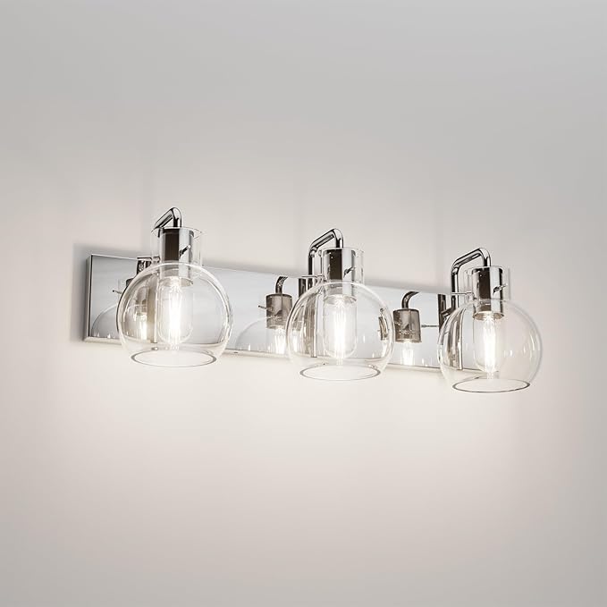 Tipace Modern Bathroom Vanity Lighting Fixtures 3-Lights Industrial Stainless Steel Chrome Finish with Globe Clear Glass Vanity Lights Farmhouse Bath Lighting(Exclude Bulb)