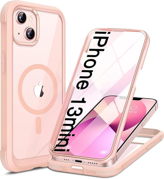 Miracase Magnetic Case for iPhone 13 Mini 5.4 Inch,with MagSafe,Built in Screen Protector,Full Body Protection(Pink)