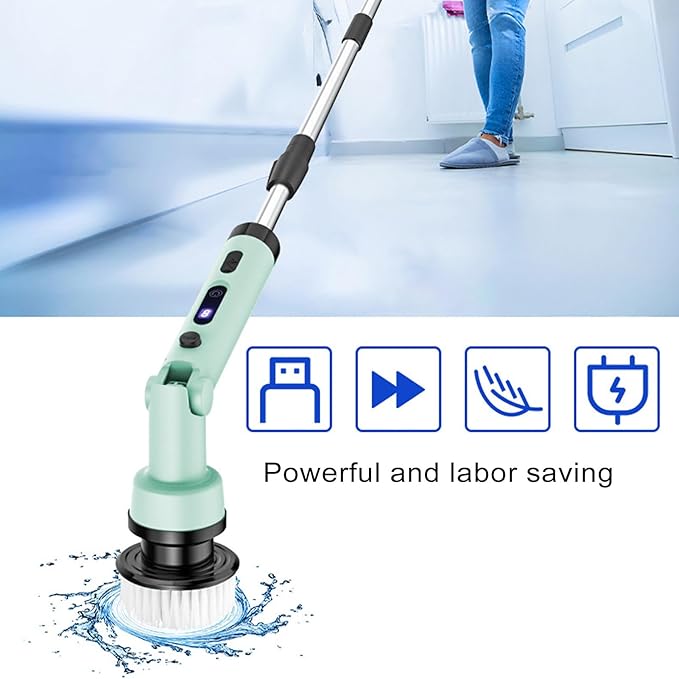 YUYTE Electric Spin Scrubber,Cordless Cleaning Brush with 9 Replaceable Heads,Adjustable Extension Handle, 90 Mins Long Lasting Power for Bathroom, Shower, Tub, Tile, Floor, Car (Green)