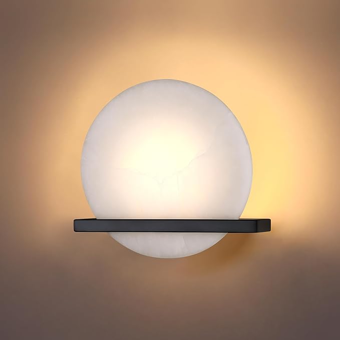 2 Pack 1 Light 8" Round Natural Alabaster Bathroom Wall Sconce Modern Concise Style Wall Light Fixture,Black Finish for Bedroom Hallway Bedside Living Room