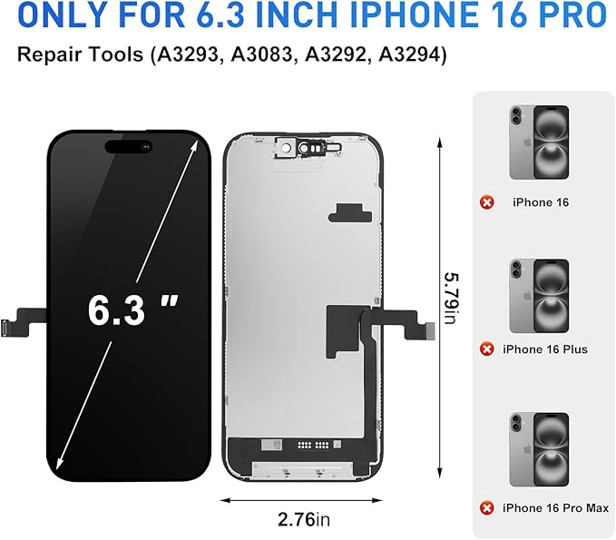 for iPhone 16pro Screen Replacement Kit Full Assembly with True Tone, iPhone 16pro LCD Display Digitizer Screen with 3D Touch Digitizer and Repair Tools Kit-Model A3293,A3083,A3292,A3294