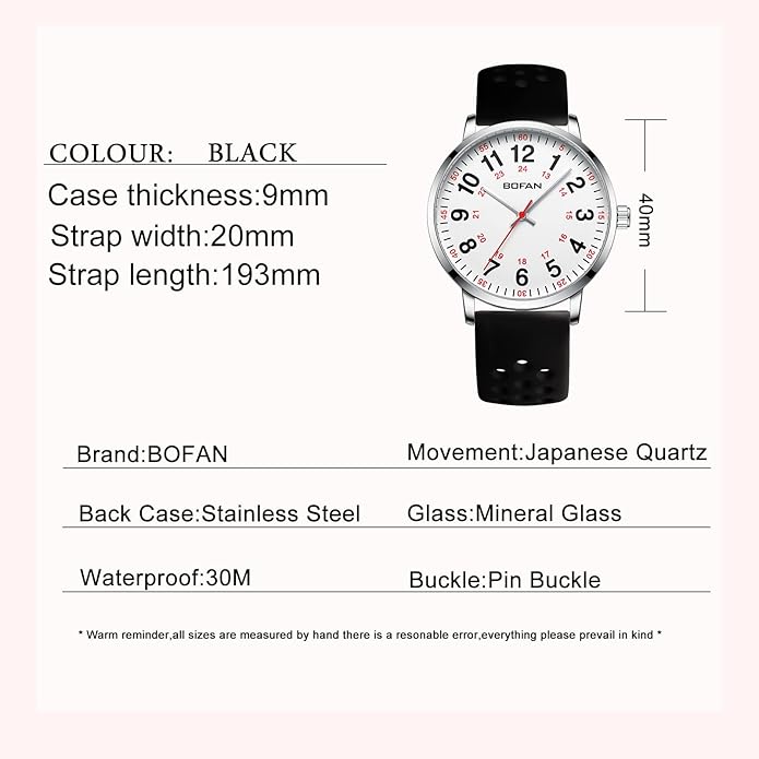 BOFAN Nurse Watch for Medical Professionals,Students,Doctors with Easy to Read Dial,Second Hand and 24 Hour,Soft and Breathable Silicone Band,Water Resistant