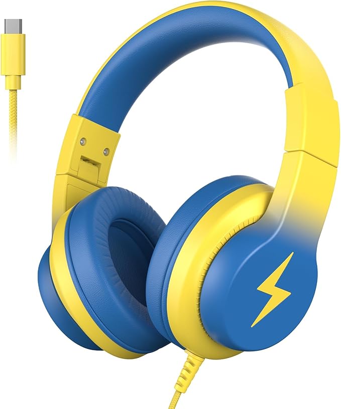 Wired USB C Kids Headphones, 85dB Safe Volume Limit, HD Stereo Sound, Adjustable Headband, Foldable Over-Ear Design for School/Travel/Boys/Girls/iPad/Tablet (Light Yellow, No Mic)