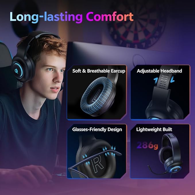 QCY Gaming Headset for PC/PS5/PS4/Switch, HEROAD V200 Over Ear Headphones, USB-C, 240Hr Battery, 7.1 Surround Sound, 2.4GHz Wireless Headphones for Multi-Platform, Bluetooth 6.0