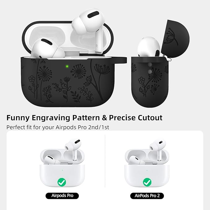Lerobo Flower Engraved Case Compatible with Apple AirPods Pro 2 Case Cover Full Protective Cover for AirPods Pro Case 2nd 1st Generation 2022/2023 USB C Cute Soft Silicone Skin Front LED Visible Black