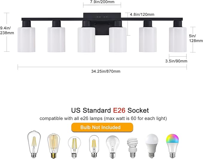 Black 6 Light Bathroom Vanity Light, Matte Black Vanity Lighting for Mirror, Rustic Bathroom Light Fixtures with Milky White Frosted Glass, Vanity Lights E26 Base Compatible