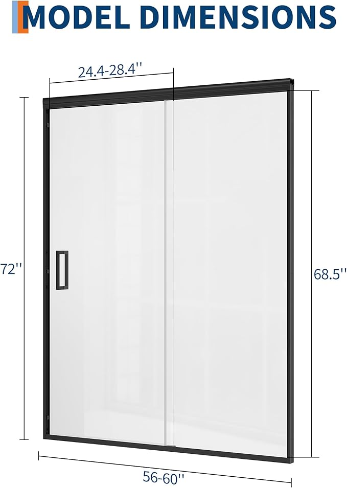 Shower Door 56-60" W x 72" H, Sliding Door, 1/4" (6mm) Clear Tempered Glass, Space-Saving Design for Modern Bathrooms