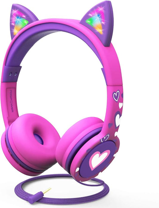 FosPower Kids Headphones with LED Cat Ears (85dB Safe Volume Limit), 3.5mm Soft On-Ear Wired Headphones with Tangle-Free Laced Cables for iPad/Tablet/School/Travel - Hot Pink/Purple
