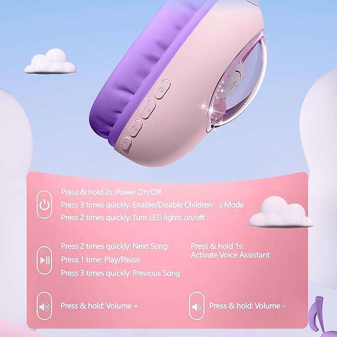 esonstyle Kids Headphones Cat Ear - Bluetooth 5.4 Over-Ear Noise Cancelling Headphones with Microphone LED Lights Up 85dB Safe Volume Limit Wireless or 3.5mm Wired USB C (Pink Purple)