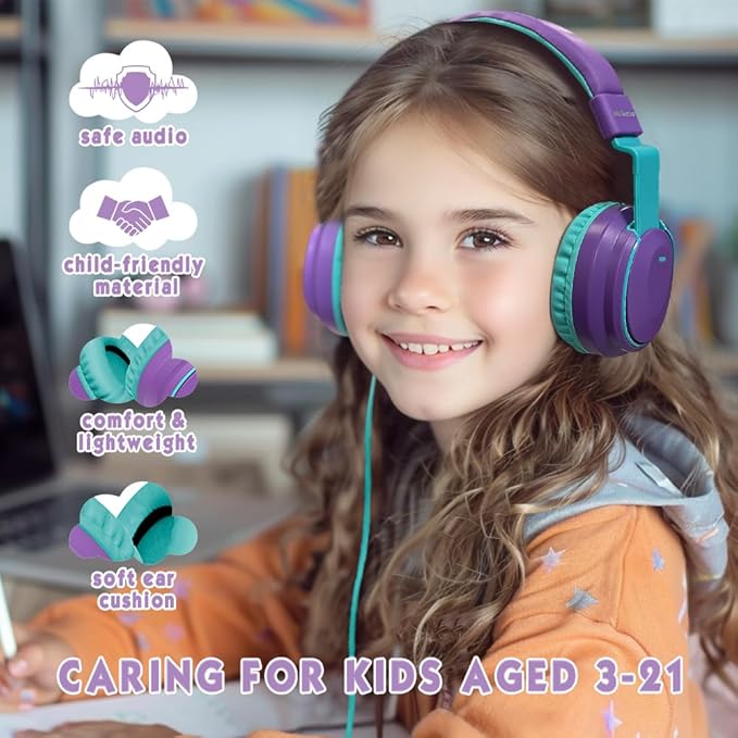 Headphone Kids Volume Limited 85/94dB Wired Over-Ear/On-Earr Foldable Headset with Inline Cable Aux 3.5mm Cord Mic for Toddler Boy Girl Child Back to School Study Pad Tablet Blue