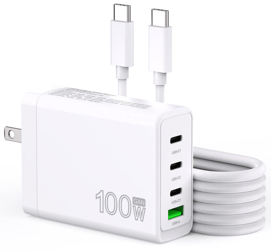 100W USB C Charger GaN 4 Port Type C Charging Station Hub Block Wall Charger Power Strip Adapter Plu Compatible with MacBook Pro/Air iPad iPhone16/15/14/13 Pro Max Dell XPS Pixel Note Galaxy