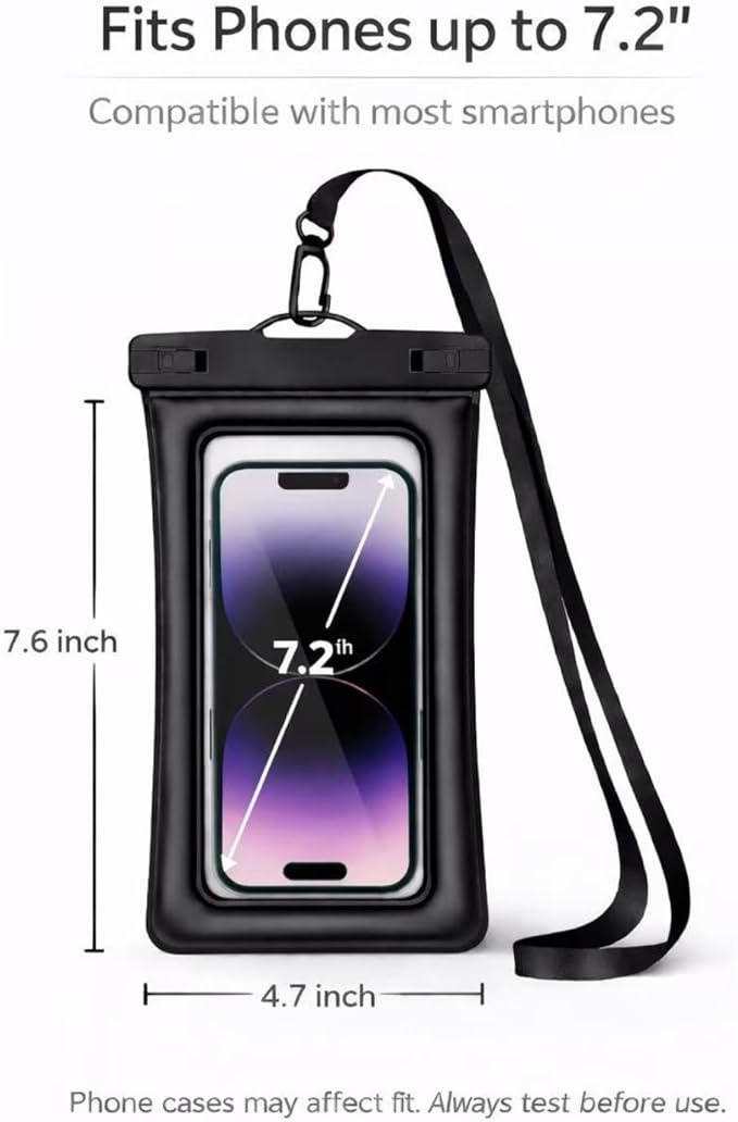Floating Waterproof Phone Pouch (2-Pack), IPX8 Dry Bag with Built-in Airbag, Touch-Friendly Clear Case with Lanyard for Beach, Swimming, Kayaking & Cruise, Fits Phones up to 7.2" (Black-Pink)