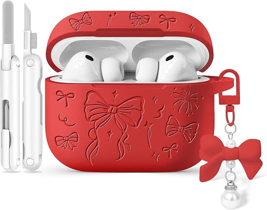 for Airpods Pro 3 Case Cover, Joremx Cute Bow Engraved Silicone Protective Case Cover with Keychain, Cleaner Kit for Airpods Pro 3rd Generation 2025 (Red)