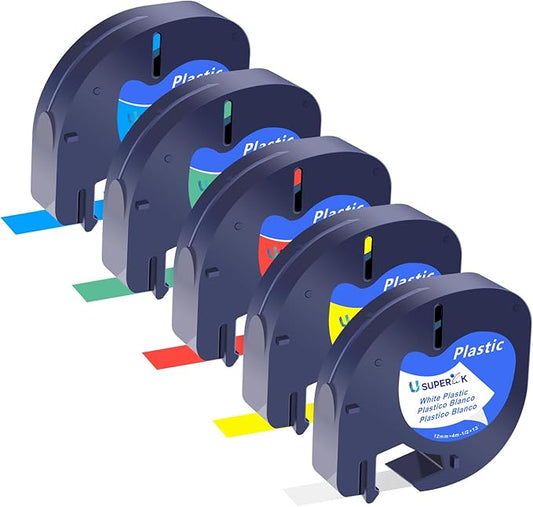 5 Pack Plastic Letra Tag Label Tape Black on White/Yellow/Red/Green/Blue Compatible for Dymo Label Maker Refills 12mm x 4m for Dymo Letra tag Refills LT100H LT100T 200B QX50