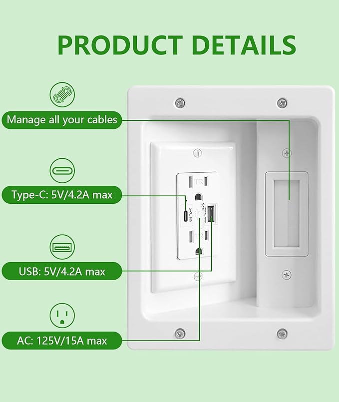 TV Cord Hider for Wall Mounted TV – Dual Outlet in-Wall Cable Management Kit for Power & Low Voltage Cables – Includes 9.84”L x 7.87”H x 3.94”D Module, Wall Template, Saw (4 Data Cable Jacks)