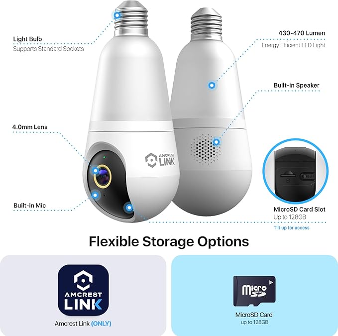 Amcrest Link 4MP Light Bulb WiFi Indoor/Outdoor Camera, Human Detection, 90.5° FOV, Pan/Tilt, IP45, AI Night Color, 2.4GHz/5GHz Dual Band Camera, Supports MicroSD Storage up 128GB