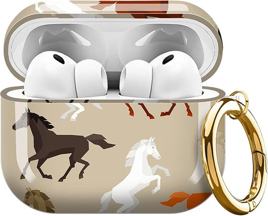 AirPod Pro 3 (2025) Case Cover for Women, Cute Shockproof TPU Protective Case with Gold Round Buckle, Anti-Drop Design Cute Horse