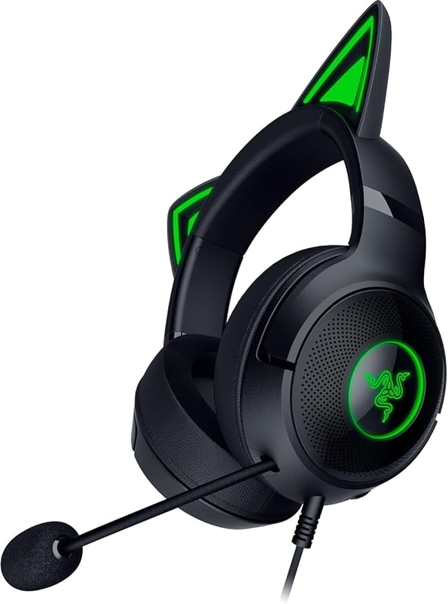 Razer Kraken Kitty V2 USB Wired RGB Headset: Chroma Kitty Ears - Stream Reactive Lighting - HyperClear Cardioid Mic - Triforce 40 mm Drivers - 7.1 Surround Sound - Classic Black (Renewed)