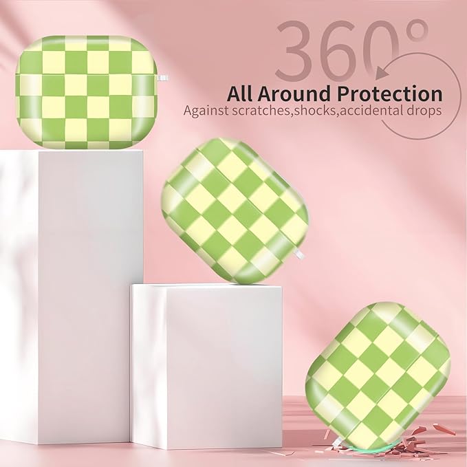 Compatible with AirPods Pro 3rd Generation 2025 Case Cover with Gold Keychain - Cute Protective Hard AirPod Pro 3 Cases for Women - Beige Green Checkered
