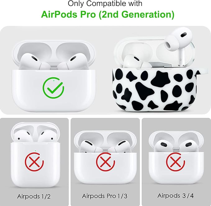 Compatible with Airpods Pro 2nd Generation Case Cover 2022, Soft Silicone Protective Cover with Bracelet Keychain for Apple Airpods Pro 2 Case for Women (Cow)