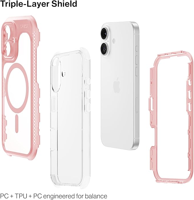 ORIbox Seralyn Series for iPhone 16 Case - MagSafe Compatible, Triple-Layer Shockproof Protection, Crystal-Clear Back with Elegant Matte Frame(6.1", Blush Rose)