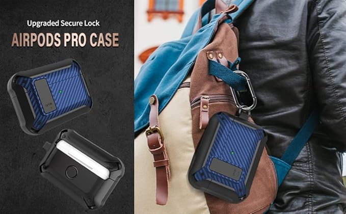 for Airpods Pro 2/1 Gen Case Cover with Lock (2019/2022/2023), Rugged Locking Case for Airpod Pro 2nd/1st Generation Shockproof Armor Protective Skin for Apple iPod Pro-Black/Blue