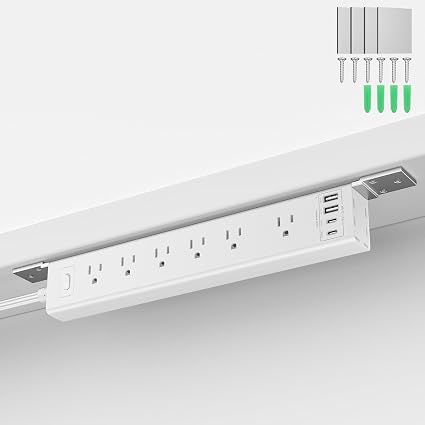 360° Mountable Surge Protector Power Strip, 6AC+4USB (2 USB-C PD20W), 6FT Flat Plug Extension Cord – Under Desk/Wall/Corner Mount for Home/Office/Gaming/Kitchen