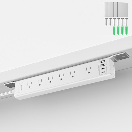 360° Mountable Surge Protector Power Strip, 6AC+4USB (2 USB-C PD20W), 6FT Flat Plug Extension Cord – Under Desk/Wall/Corner Mount for Home/Office/Gaming/Kitchen