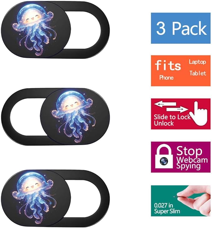 SIREG Webcam Cover Ultra Thin - Web Camera Cover fits Laptop,Tablet,PC,Computer, Smartphone, Protect Your Privacy and Security,Strong Adhesive (Jellyfish A- 3 Pack)