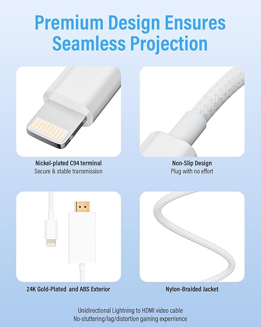 [Apple MFi Certified] Lightning to HDMI Adapter 10ft Cable, 1080P HD Sync Screen Mirroring for iPhone/iPad to TV/Monitor/Projector, Plug & Play No Power Required, iOS-Compatible Digital AV Connector
