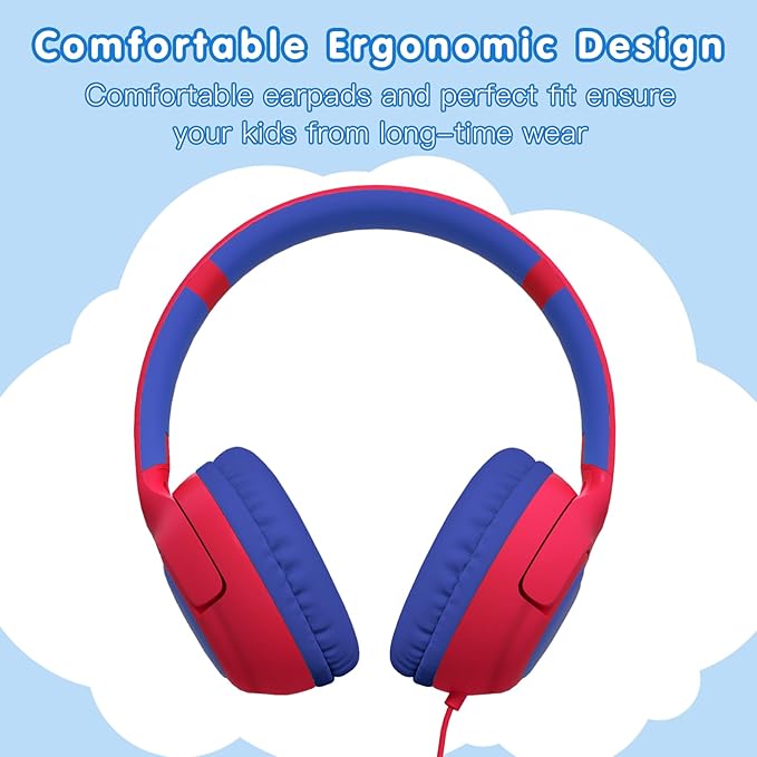 ZIHNIC Wired Kids Headphones, Safe 85dB Volume Limit for Boys & Girls, Comfortable Earpads, Foldable Design for School, Tablets, and Travel-RED