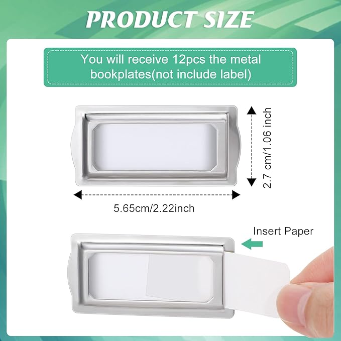 12 Pcs Self Adhesive Metal Bookplates for Books Card Horizontal Clip Label Holders Metal Drawer Tag Silver Label Plate for Office Library Book File Cabinet Drawer Tag Teacher School Classroom
